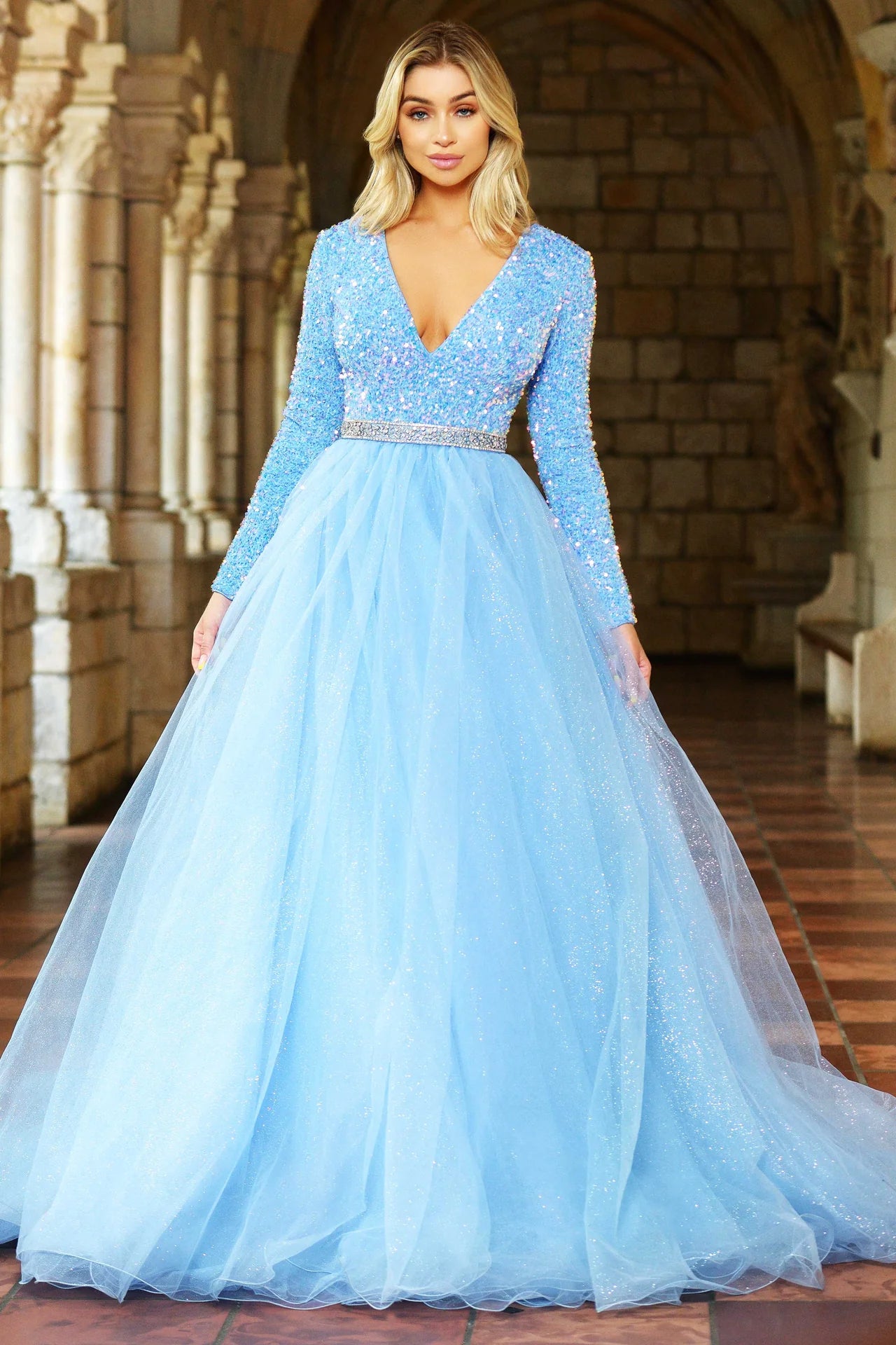 Long Sleeve High Split Gown with Side Skirt